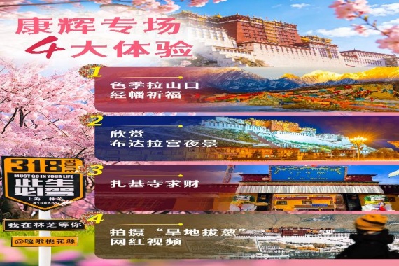 康辉旅游网<桃绽林芝>广州往返 布宫 嘎啦桃花村 波密桃花沟 倾多寺 扎基寺 双飞一动6天